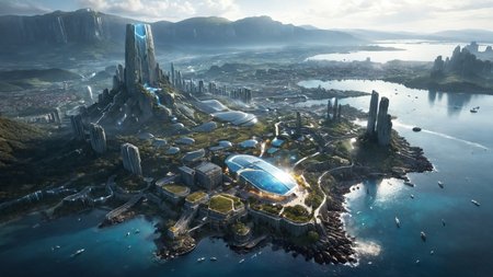 photorealistic, detailed digital illustration of a futuristic city on a mountain top, <lora:xl_more_art-full_v1:0.4>,<lora:EnvyPanoramaXL01:0.8>, <lora:sdxlaarg_aerial:0.8> archiaerialview, <lora:Arcane_Ruins_XL:0.7> arcane ruins, Underwater Lighting