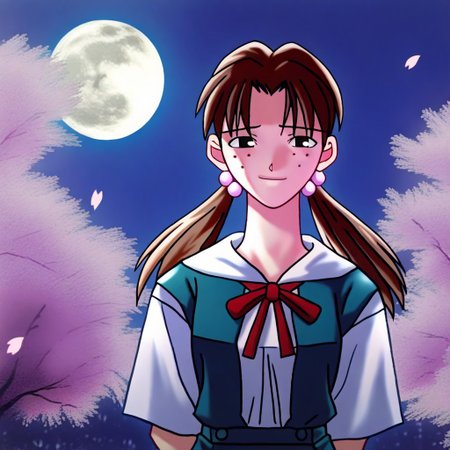 masterpiece, best quality, outdoors, moon, night, moonlight, sakura, sakura trees, looking at viewer,   <lora:Tsukihime NXL:1>,masterpiece, best quality, very aesthetic, absurdres,1girl, hikari horaki, brown hair, twintails, freckles, hair bobbles, long hair, black eyes,ribbon, short sleeves, suspender skirt, tokyo-3 middle school uniform,
arms behind back, sad smile, upper body, looking at viewer, solo, <lora:HikariHorakiNoobXL_byKonan:1>