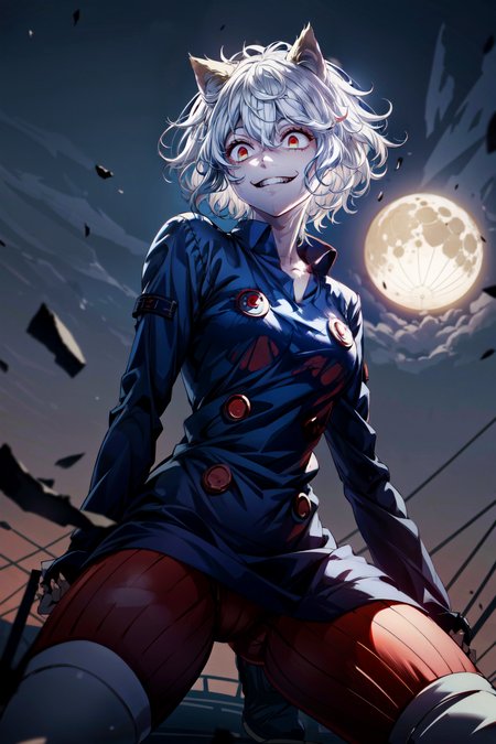 1girl,neferpitou1,white hair,short hair,messy hair,red eyes,cat ears,blue tshirt,smile,psycho smile,madness,madness smile, empty eyes,yandere,yandere smile,dark,darkness,moon light,(from below),(closeup),masterpiece,extremely detailed CG unity 8k wallpaper, best quality,32k,focus sharp, <lora:neferpitou_v1:1>, <lora:add_detail:1>, <lora:yameroyandere-v2:0.6>