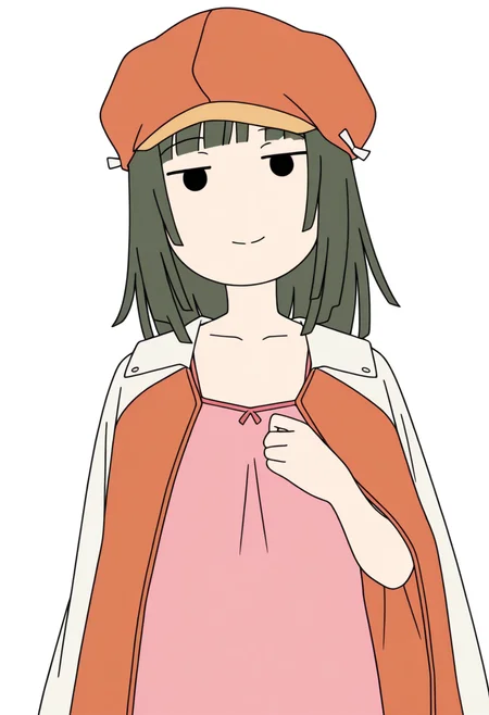 <lora:Sengoku_Nadeko_Illustrious2:1.0>
 <lora:Juukyuu_Style:1>, 
1girl, solo, nadeko sengoku, blunt bangs, blunt ends, medium hair, pink camisole,
head tilt,
light smile, looking at viewer, 
green hair, hat, orange cabbie hat, orange jacket, jacket on shoulders,
one hand up, shoulder,
 masterpiece, flat colors, solid circle eyes, black eyes, solid eyes, jitome,