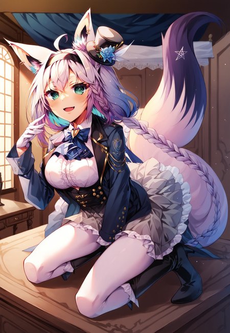 safe_pos, safe_pos, safe_pos, safe_pos, safe_pos, safe_pos, score_9, score_8_up, score_7_up, score_6_up, masterpiece, source_anime, high quality, perfect face, detailed eyes, perfecteyes, perfect balance, detailed face, perfect lighting, detailed background, uncensored, newest, absurdres, highres, very aesthetic, indoor, dining room, grand table, windows, night, 
uncensored, 
fubuki, white hair, single side braid, ahoge, piercing, fox tail,
fubuki_elegant, braided ponytail, blue coat, blue ascot, corset, collared shirt, grey skirt, frilled skirt, white pantyhose, white gloves, mini top hat, hairband, blue rose, white hair, piercing, fox tail,
 1girl, solo, open mouth, smile, large breasts, pleasured, full body, long legs, larger female, tall female, looking at viewer, long calves, long legs, thin thighs, tall_girl,long_legs, boots, long boots, lace-up boots, leather boots, heeled boots, sitting on table, half closed eyes, naughty face, multicolored hair, low angle
