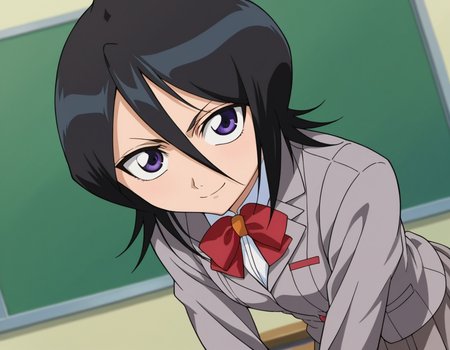 score_9, score_8_up, score_7_up, source_anime, 
rukiakuchiki, <lora:rukia-kuchiki-s1-ponyxl-lora-nochekaiser:1>, 
rukia kuchiki, black hair, hair between eyes, purple eyes, short hair,
skirt, bow, school uniform, jacket, blazer, grey jacket,
indoors, classroom, bent over, smile,
looking at viewer, cowboy shot, dutch angle,