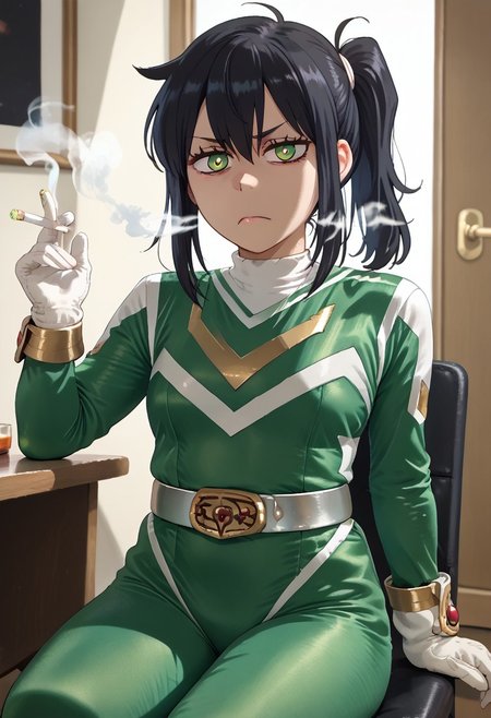 score_9, score_8_up, score_7_up, source_anime, BREAK,
1girl, solo, sentaisaintforce, green bodysuit, silver belt, white gloves, spandex, wing-shaped chest symbol, helmet removed, no headwear, reneegr, black hair, ponytail, sidelocks, long hair, green eyes, jitome, bags under eyes, BREAK,
cowboy shot, frown, looking at viewer, sitting, chair,  holding cigarette:1.5, blowing smoke, smoke, cigarette, smoking, indoors, room
