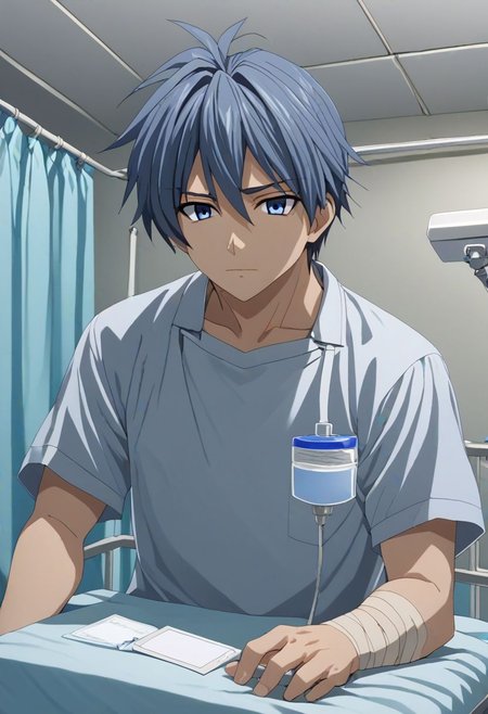 high resolution, solo, best quality, 1Boy, Tomoya Okazaki, Grey Blue Hair, bandage, patient, hospital, OverallDetail
