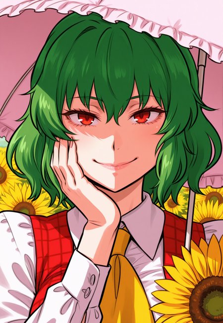 masterpiece, best quality, aesthetic, colorful, <lora:DittoHead7-8:1>, BREAK, (Kazami Yuuka), 1girl, Looking at viewer, face focus, shadow, parasol, female focus, sunflower field, smile, hand on own face, carrying over shoulder,