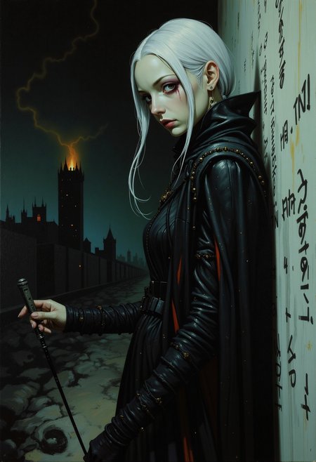 A hauntingly beautiful oil painting in a semi-realistic dark fantasy horror style, blending anime influences with cinematic drama. The scene is an extreme close-up of a towering, impossibly tall and thin female figure, her face a masterpiece of eerie elegance. Her skin is deathly pale, almost translucent, with sharp, angular features and sunken eyes that glow faintly in the dark. The background is a solid, foreboding black, but faint traces of a ruined city can be seen in the distance, with one flickering light in a crumbling tower casting long, ominous shadows. The character is dressed in tattered, flowing dark robes that seem to shimmer with an otherworldly texture, and her long, spindly fingers are stained with ink as she writes the same mysterious word over and over on the walls. The atmosphere is thick with dread and an unspoken horror, as if the very air is heavy with the weight of ancient secrets. Hyperdetailed, with bold brushstrokes and vivid, contrasting colors that leap off the canvas., fantasy painting, GTHAN, Gothic,.,oil painting, semi-realistic, dark fantasy horror, anime style, extreme close-up, female character portrait, cinematic, solid color background, ruined city, flickering light, ancient figure, dark dystopian, impossibly tall, thin, creepy, scary, hyperdetailed, flowing dark robes, long spindly fingers, ink-stained, writing on walls, mysterious word, bold brushstrokes, vivid contrasting colors, eerie elegance, deathly pale skin, sharp angular features, glowing eyes, tattered robes, shimmering texture, ominous shadows, ancient secrets, dread, otherworldly, hauntingly beautiful, fantasy painting, GTHAN, Gothic,.,<lora:Eldritch_Fantasy1.2.2:0.298> fantasy painting,<lora:Comic book opus IV:0.113><lora:GTHAN-F:0.76> GTHAN, Gothic,<lora:Tsutomu_Nihei_Style_flux:0.329>