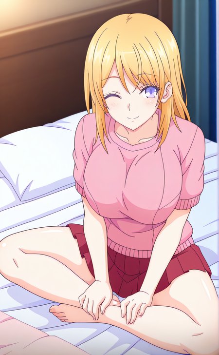 masterpiece, best quality, highres, newest, 1girl, solo, official style, anime screencap, <lora:Misuzu_Akao:1>, akao, blonde hair, long hair, purple eyes, large breasts, pink sweater, short sleeves, red pleated skirt, one eye closed, smile, indoor, full body, indian style, barefeet, five fingers, looking at viewer, bed, hands on foot