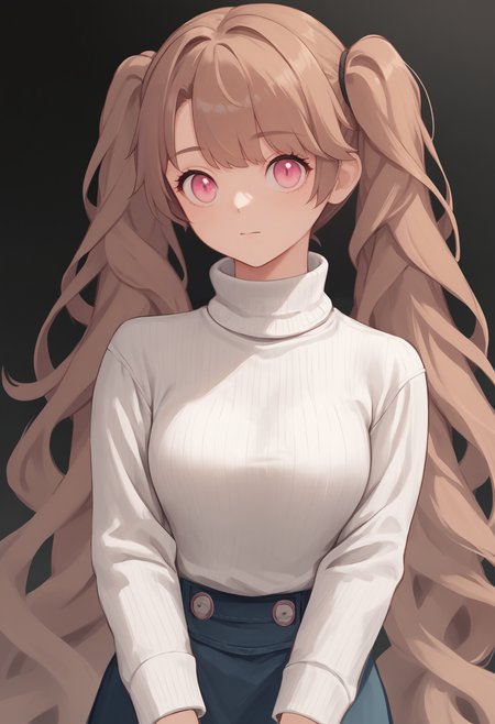 score_9, score_8_up, score_7_up, source_anime BREAK 1girl, solo, <lora:miranda-nikke-richy-v1_pdxl:1> mrndnkk, pink eyes, brown hair, twintails, very long hair, bangs, turtleneck sweater, white sweater, ribbed sweater