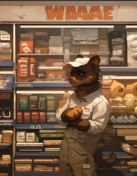 source_furry,  brown cat standing behind a counter of store, resting head on hand, tired, white cap, store uniform, background shelf of magazine,  <lora:Tails Noir - Urban Pixels:1> t4ils_n0ir, pixel_art, score_9, score_8_up, score_7_up, score_6_up, score_5_up,