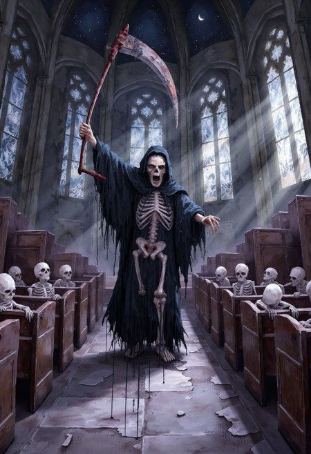 Watercolor painting of a, a skeletal figure clad in a tattered monkâs robe standing in the middle of an ancient cathedral, its hollow eyes glowing faintly with an unholy light as it raises a massive, rusted scythe above its head, the rotting pews surrounding it filled with kneeling skeletons in silent prayer, moonlight streaming through the cracked stained-glass windows, casting distorted shadows across the broken altar, while a distant bell tolls, echoing ominously throughout the stone halls