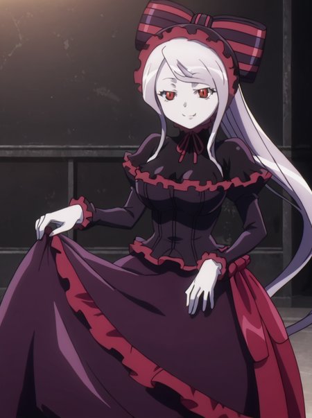detailed background, shiny skin, posing, rating safe,
<lora:shalltear.pony:1>,
shalltear,
large breasts, 
cowboy shot, 
leaning, greeting, half-closed eyes, holding skirts, looking at viewer, smile,