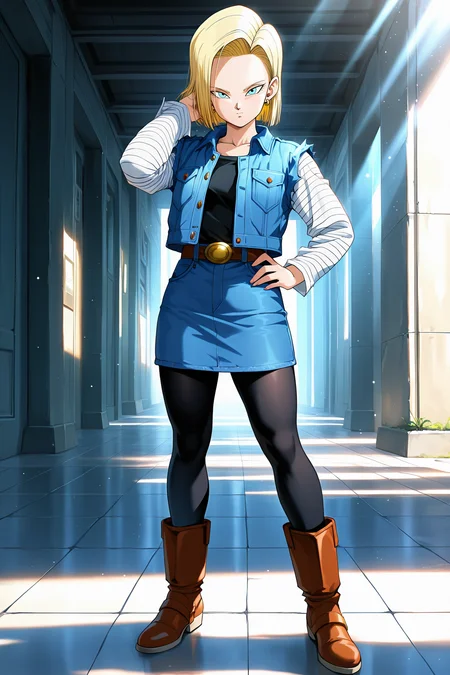 masterpiece, best quality, amazing quality, very aesthetic, absurdres, newest, (scenery, volumetric lighting), dappled sunlight, light particles, light rays, lens flare, android 18, android_saga, 1girl, solo, looking at viewer, short hair, blue eyes, skirt, blonde hair, long sleeves, jewelry, standing, jacket, full body, pantyhose, earrings, boots, belt, vest, hand on hip, black pantyhose, denim, denim skirt, denim jacket, blue skirt, black shirt, blue jacket, striped sleeves, white sleeves, brown boots, hand in own hair<lora:android_18_v3-10:0.8>
