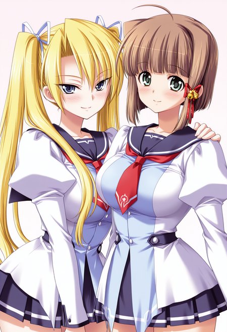 masterpiece, 2girls, seira, twintails, blonde hair, blue eyes, BREAK yuki, short hair, green eyes, brown hair, hair ornament, bell, white serafuku, red necktie, blue sailor collar, juliet sleeves, long sleeves, pleated skirt, blue skirt, large breasts, looking at viewer, smile, blush simple background, hand on another's shoulder 