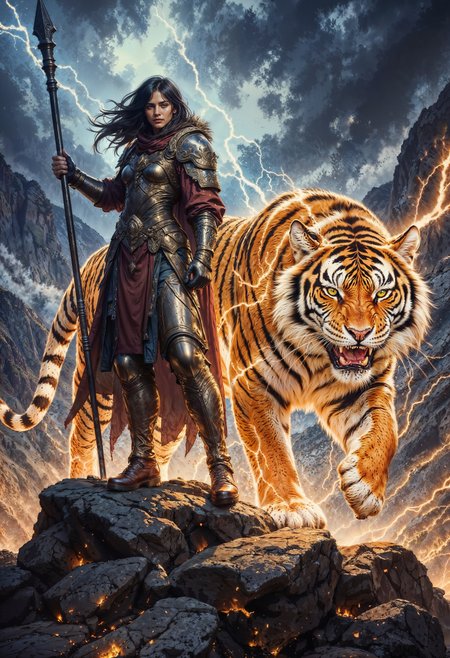 A warrior stands on a rocky mountainside, her silhouette illuminated by the jagged forks of lightning tearing across the stormy sky. Her armor is sleek and metallic, etched with glowing runes that pulse in sync with the tempest. Beside her prowls a massive lightning tiger, its fur crackling with electric energy, glowing stripes arcing like bolts of pure power. The tiger's eyes blaze with an intense golden light, and its growl reverberates like thunder. The woman's piercing gaze matches her companion's ferocity, her hair whipping in the wind as she raises a spear tipped with an electrified blade. The mountains are shrouded in swirling clouds, and the ground beneath their feet is scorched and crackling with residual sparks, a testament to their untamed power.