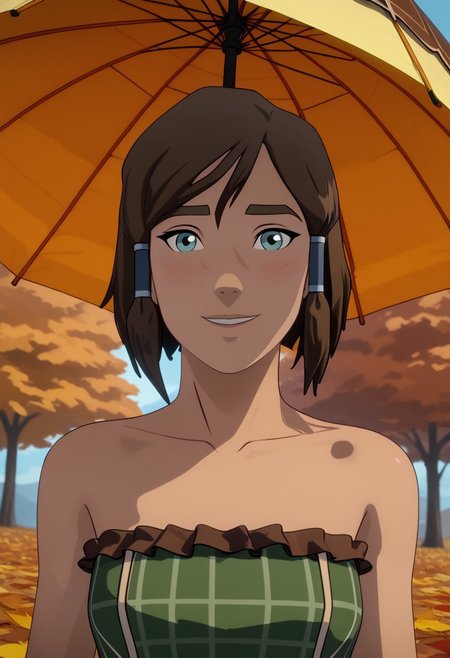 Score_9, Score_8, Score_7, TDPStyle, Korra, hair tubes, 1girl, perfect face, looking at viewer, adult, sexy,
bob cut, inverted bob, plaid clothes, plaid dress, brown dress, green dress, strapless dress, 
umbrella, brown frilled umbrella, 
autumn, autumn leaves, 
blush, shy smile, 
portrait, face focus, detailed face,