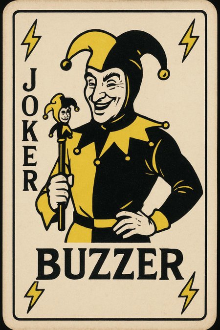 Create an image in the style of a Joker Card from a playing card deck.

In the center there is a drawing of a Jester with a black and yellow motif with the description text "BUZZER"

In the top left corner of the card there is a yellow lightning bolt symbol. In the top right corner of the card there is a yellow lightning bolt symbol. In the bottom left corner of the card there is a yellow lightning bolt symbol. In the bottom right corner of the card there is a yellow lightning bolt symbol.