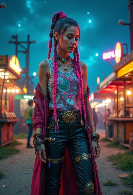 Gypsypunk caravan, in a    a eerie forgotten-fairground, rusty rides and dilapidated game booths, the ghostly echoes of screams and laughter still lingering in the air, a reminder of past joys and present decay. , under a meteor shower, featuring Tech-Savvy, Fortune Teller, vibrant, neon-dyed braids, billowy, sleeveless shirt with mechanical, swirling patterns, high-waisted, leather pants with metallic, embroidered patterns, duster coat with built-in, solar panels and numerous, clinking trinkets, augmented, glowing tarot cards, pulsating, rhythmic beats with traditional, gypsy influences, and amidst a swirling, foggy, mystical aura, <lora:flux_trainer/gypsyPunk_v1_rank16_bf16:1.0>, <lora:scifi/moxiePunk_v3D.safetensors:0.7>,