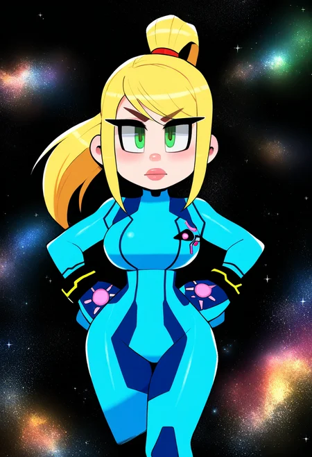 best quality, amazing quality, very aesthetic, absurdres,
BREAK
(black background, galaxy background, starry background:1.8)
1girl, samus aran, green eyes, blonde hair, medium hair, ponytail, sidelocks,
blue bodysuit,
looking at viewer, standing, hands on hips,     <lora:ThiccverseNoobLocon_byKonan:1>
