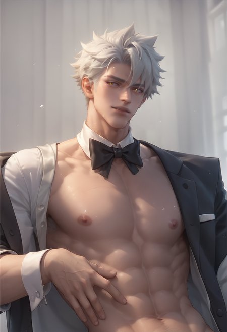 <lora:artbyl2-000008:0.8>,art byl,solo,1boy,white hair,yellow eyes,short hair,tuxedo,upper_body,abs,bara,, score_9,score_8_up,score_7_up,score_6_up,rating_explicit