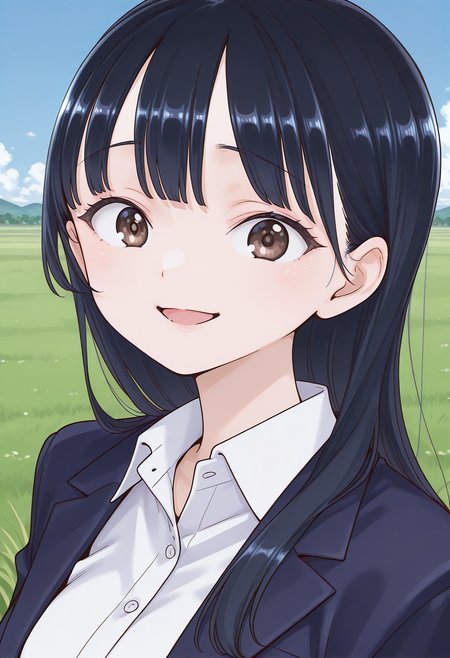 yamada_anna, brown eyes, black hair, long hair, school uniform, blazer, jacket, white shirt, collared shirt, <lora:yamada_anna_illustrious_ver1:0.8> 
smile,, masterpiece, best quality, sensitive,, 1girl, solo, blue sky, (grasslands:1.2), looking at viewer,, (upper body:1.2), (open eyes:1.4), (portrait:1.4)