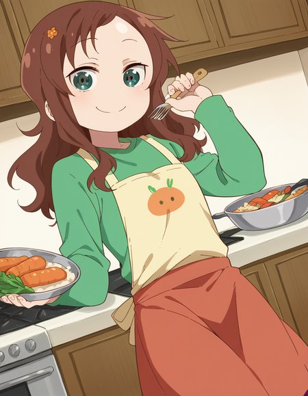 score_9, score_8_up, score_7_up, source_anime, <lora:riko-saikawa-s2-ponyxl-lora-nochekaiser:1>, riko saikawa, long hair, brown hair, green eyes, hair flower, hair ornament, flower,, skirt, shirt, long sleeves, red skirt, white socks, green shirt,, kitchen, cooking, apron, cutting vegetables, home cooking, smile, looking at viewer, hand behind head, , solo,, dutch angle,