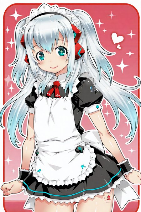 detailed background, shiny skin, posing,
safe, general, 
heart, bloom, glitter, sparkle, 
<lora:mdoh.il:1>,
mdoh,
waifubot, blue hair, 
maid costume, 
happy, looking at viewer, smile,