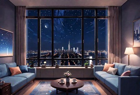 ((((front view)))), Shallow scene, ((animation style)), (((City high-rise building scenery))), ((((City scenery outside the window)))), ((sense of mystery)), (night), starry sky, moonlight, (weak warm light), (Facing the window), (open window), modern-style interior,  (sofa and coffee table by the window sill), Wooden floor, with white walls, (large windows), carpet, a living room, (Behind the sofa is the window sill),