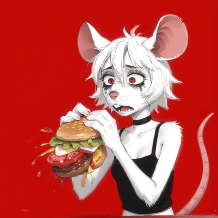 score_9, score_8_up, score_7_up, <lora:secret:0.8>,  <lora:RFStyle:1>, rotten forest, rfstyle, source_furry, furry, anthro,
1girl, skinny, (emaciated), rat, ratgirl, rat teeth, white ears, (rat ears:1.4), red eyes, rat nose, rat snout, messy hair, short hair, white hair, white fur, tired, sleepy, half-closed eyes, bags under eyes, small breasts, runny mascara, detailed fur,  choker,
sketch, monochrome, grayscale, red background abstract background, black pupils, 3 fingers, rat hands,
<lora:Burger_Malfunction-PonyXL-1024px:1> burger malfunction, burger, messy, ketchup, lettuce, tomato, shocked, upset, open mouth, (exclamation mark:0.9),