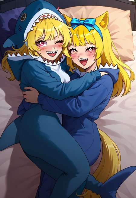score_9_up, masterpiece, best quality, amazing quality, very aesthetic, absurdres, newest, , photorealistic, portrait, 1girl, solo girl, laying on bed, on back,<lora:kigurumi-ponyxl-lora-nochekaiser:1>, kigurumi, animal hood, animal costume, cosplay,, night, dim light, ON SIDE, HAPPY, EYES CLOSED,  HEARTS IN AIR,hugging, shark, stuffed shark, ((SHARK IN GIFT RIBBON)),<lora:Hugging_shark:1>
<lora:Lucita_Yellow_Pony_V2.0:1> Lucita Yellow,  ((long yellow hair, bangs, animal ears, tail, pink eyes, square shaped pupils)), ((adult)) medium breasts, open mouth, sharp teeth, light blushing,