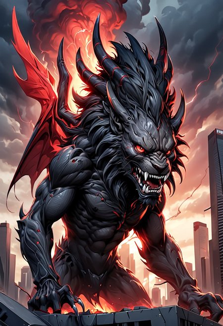 A Giant black lion Fenrir, protruding from gigantic city, fire emanates from its mouth, webbed wings, steel claws, horns, red eyes, angry, anger, 1lion, anthro, webbed wings, steel claws, horns, (((lion king head))), (((solo))), demonic, necromancy, xenomorphic skin, xenomorphic toes, focus, red eyes, demonic  angry, anger, realistic illustration, 4K, detail, apocalyptic, lightning, darkened sky. Background shapes mimic the blurred motion of the surroundings, creating a sense of urgency and excitement. The overall atmosphere is energetic and vibrant, capturing the essence of competition and speed in a modern, artistic style. Hyper-detailed digital art, contemporary and dynamic, vibrant colors, highly detailed, 8K resolution.
style of greg rutkowski, janek sedlar, jenny saville:0]  <lora:vivid_everclear:0.35>  <lora:Sinozick:0.35>  <lora:MJ52:0.35>