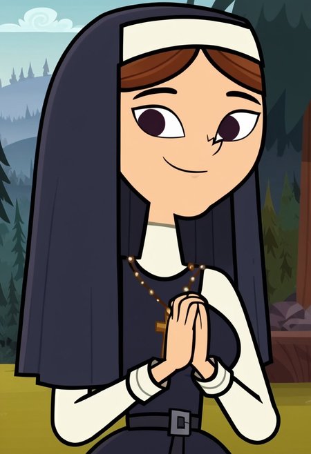 ((Forest background)),score_9, score_8_up, score_7_up,score_6_up, 
1girl, Solo, Isabel_DC, fair skin, brown hair, straight hair, dark purple eyes, dark prussian blue nun veil with white coif, necklace with a golden cross, belt with square buckle, dark prussian blue nun tunic with long skirt, black flat shoes, big eyes, tall stature, social smile, perfect eyes, perfect smile, looking at the viewer, big breasts, detailed eyes, perfect eyes, cute, standing, (front pose, bust shot, close up to face, face portrait:1) praying hands