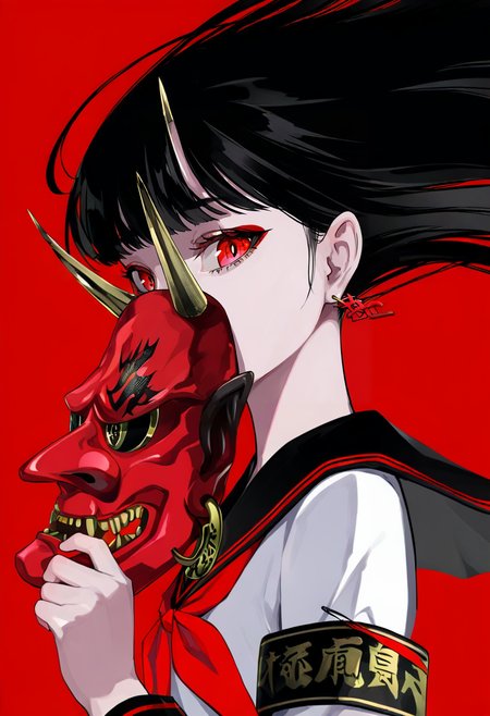 1girl, mask, solo, red eyes, black hair, school uniform, red background, oni mask, long hair, armband, holding mask, looking at viewer, holding, serafuku, black sailor collar, sailor collar, neckerchief, earrings, bangs, jewelry, upper body, white shirt, red neckerchief, floating hair, shirt, from side, simple background <lora:LAMXL_NBVP1_lokr_V6311PZ:0.95>