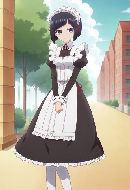 score_9, score_8_up, score_7_up, score_6_up, score_5_up, score_4_up , anime coloring ,BREAK source_anime, anime,screencap,
1girl, solo, miyukik, black dress, apron, maid, maid headdress, white pantyhose, neck ribbon, hair ribbon, black footwear, <lora:PonyXL Miyuki Kujou V2:1>
outdoors, 
smile, looking at viewer,