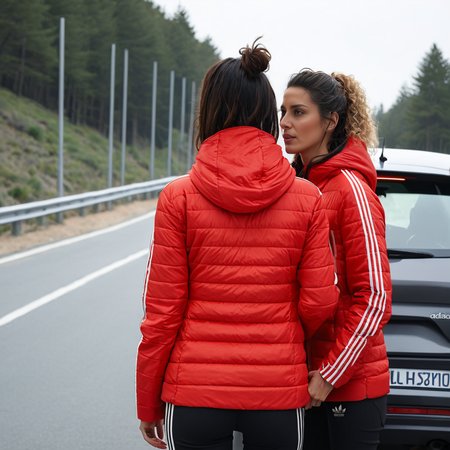 (dark cinematic still, dark vibes) sexy slim skinny two spanish middle aged women ,unique, wearing a hooded red  from behind adidas_puffer_jacket, unique hair styles, 8k uhd, dslr, high quality, photorealistic, realism, hyperrealism,  ((car scene)),
<lora:adidas_puffer_jacket_v1:1>