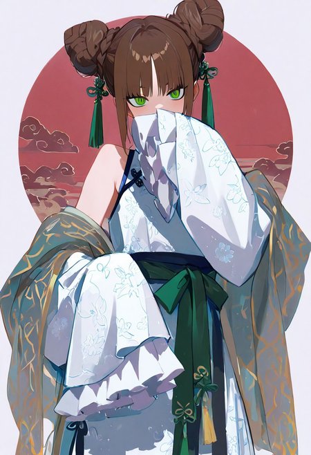 masterpiece, best quality, good quality, very awa, newest, highres, absurdres, 1girl, solo, looking at viewer, brown hair, long sleeves, delicate dress, bare shoulders, standing, green eyes, braid, cowboy shot, frills, wide sleeves, off shoulder, hair bun, sleeves past wrists, sash, double bun, delicate chinese clothes, floral print, frilled sleeves, sleeves past fingers, shawl, covering own mouth, covered mouth, braided bun, patterned clothing <lora:illustriousXL_stabilizer_v1.23:0.3> <lora:NOOB_vp1_detailer_by_volnovik_v1:0.3> <lora:ponyv6_noobE11_2_adamW-000017:0.3> <lora:96YOTTEA-WAI:0.5> <lora:XXX667:0.5> <lora:HaradaTakehitoIXL_v3:0.8>