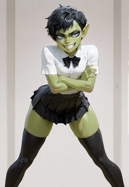 masterpiece, best quality, solo, 1girl, goblin girl, blue eyes, petite, skinny, flat breasts, slim waist, green skin, glancing aside, elf ears, legs apart, very short hair, pixie cut, black hair, sharp teeth, grin, white school shirt, black short school skirt, black thigh-highs, look aside, leaning forward, crossed arms,