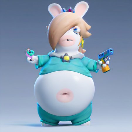 score_9, score_8_up, score_7_up, score_6_up,
LapinsCrétins1024, bang covering eye, rabbit ears, earrings, Blue midriff, pants, Rabbid Rosalina, blue eyes, blonde hair, white rabbit, female anthro, rabbit  ears, ((((((bod inflation)))))), navel, holding gun, white skin, flesh belly