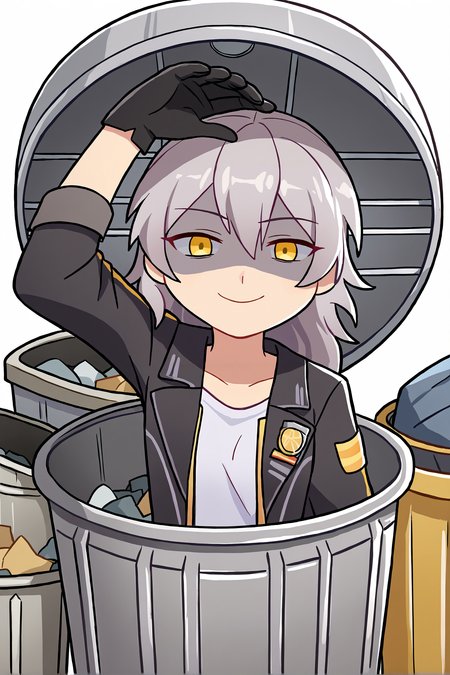 score_9, source_anime, score_8_up, score_7_up, 1girl, solo, white background, chibi, silver trash can, shaded face, in trash can:majima everywhere:.5, manhole cover:trash can lid:.5, smile, <lora:Majima everywhere 3:.8> majima everywhere, arm up, grabbing trash can, <lora:hsr_stelle_ponyXL:0.6> hsrstelle, black coat, open coat, white shirt, black gloves, from below, yellow eyes