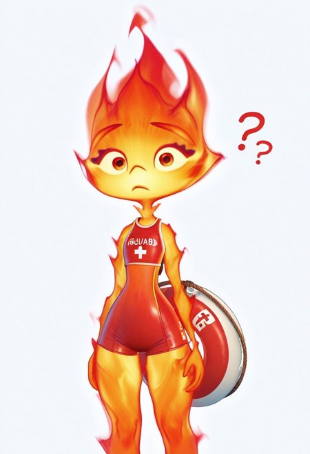 solo, 3mb3r_lum3n, fire, blank background, standing, looking at viewer, lifeguard outfit, confused, question marks, holding buoy