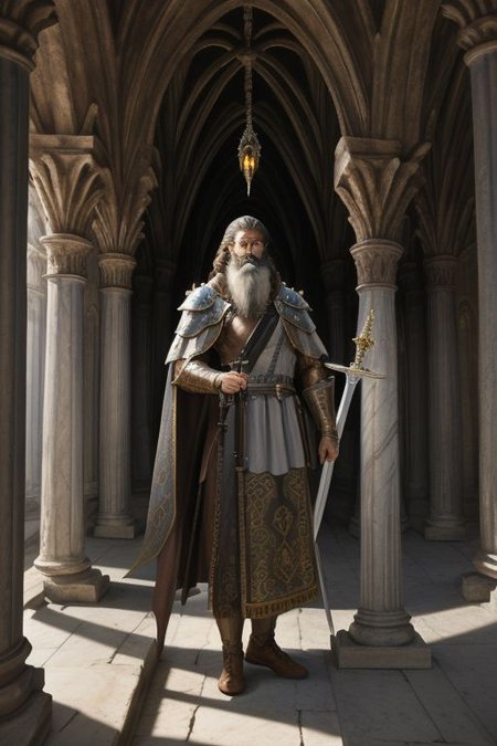 knight, armor, censer, incense, cathedral, bastard sword, man, bearded, brown and hair, brown and grey beard, medium beard, cross, pillars, marble structure, divine light