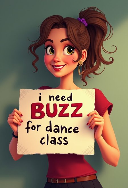 woman holding a sign it says "i need BUZZ for dance class", animated, professional, detailed,