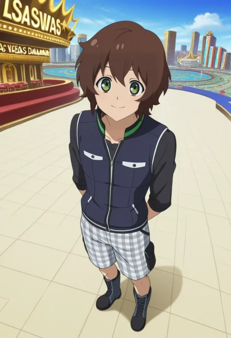 masterpiece, best quality, intricate details, anime screencap, anime coloring, official style,, 1boy, solo, male focus, <lora:yoichi_saotome_ilxl:0.9>, yoichi_saotome, brown hair, green eyes, short hair, , from above, las vegas, casino, day, floating, smile, Moire Damask Olive Tailored board shorts, Silver Gingham Dress vest, Hiking boots, Visor, and