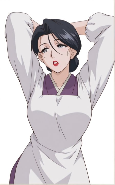 masterpiece, best quality, insaneres, absurdres,1girl, contrapposto, arms up, standing, open mouth, arm behind head, looking to the side, white simple background, cowboy shot, parted lips, <lora:ILLUSTXL_MistreatedBride_SumieTakayanagi_ownwaifu:1>, BREAK WhiteApron_SumieTakayanagi_ownwaifu, 1girl, black hair, breasts, grey eyes, japanese clothes, lipstick, makeup, mature female, mole under mouth, red lips, white apron, kimono, single hair bun, apron, kappougi, hair between eyes, large breasts,