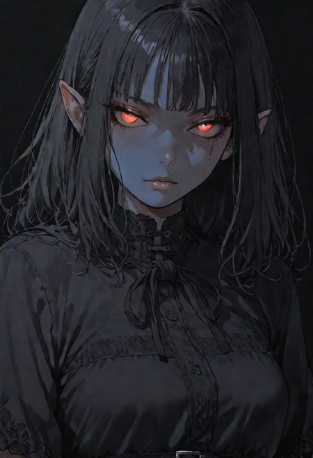 (score_9, score_8_up, score_7_up), source_anime, anime, female, elf, (dark blue skin), black hair, burgundy eye color, black eye sclera, layered clothing, waist-high, black background, woman
