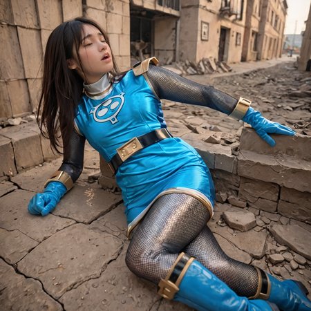 20yo, score_9, score_8_up, score_7_up, shiny oild skin, 
sentaikageblue,  silver full bodysuit, fishnet bodysuit, bodysuit under clothes, blue dress, shoulder pads, aqua skirt, black belt, (aqua gloves),  boots, aqua footwear, long sleeves, 
 torn cloth, orgasm, wet, wet cloth,  city ruin, rubble, lying, night, 
 <lora:Kage_Blue:0.9>