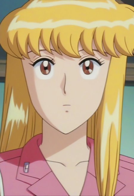 masterpiece, best quality, , anime screencap, anime coloring, official style,uncensored,1girl, solo, (kochikame, akimoto reiko, huge breasts, blonde hair, pink suit),