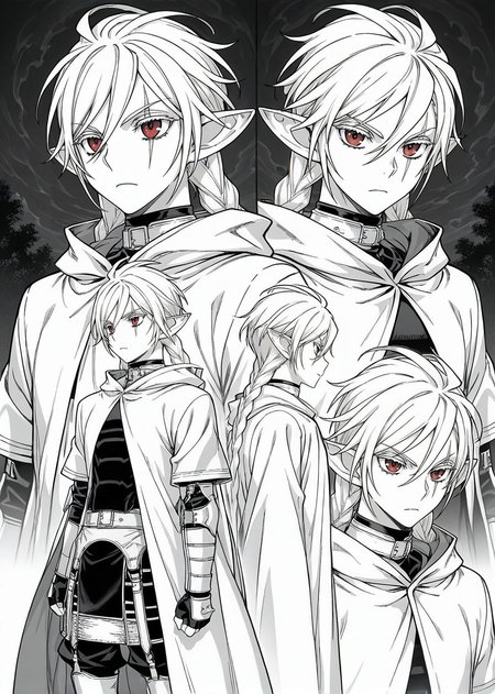 masterpiece, best quality, arms at sides, male focus, 1boy, male, gothic background, night, solo, (monochrome, concept art:1.2), multiple views, 
<lora:Koinzell:0.8>, Koinz0l, red eyes, platinum blonde hair, scar across eye, pointy ears, twin braid, platinum blonde eyelashes, cape, hooded cloak,