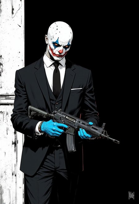 A bold, high-contrast noir-style illustration, featuring a sharply dressed man in a black suit and tie, with a white dress shirt, his figure partially cropped to show only from the waist up. His left hand holds a sleek submachine gun, while wearing bright blue gloves that stand out dramatically against the monochromatic color scheme. The face is masked with an eerie, menacing clown mask, exuding a sense of mystery and danger. The background is minimalist with a textured white surface on one side, contrasting sharply with deep black on the other, a gritty, graphic novel aesthetic with clean lines and striking composition.