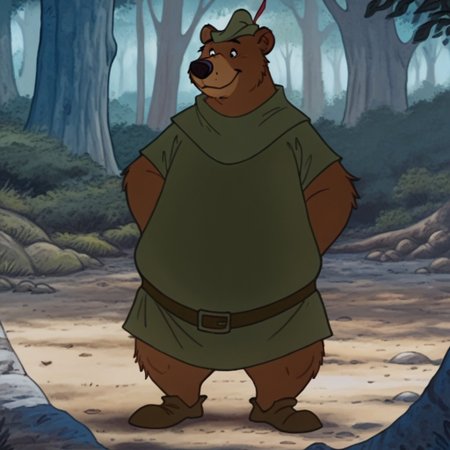 masterpiece, best quality, amazing quality, LittleJohnRH, semi-anthro, male, bear, brown fur, green hat, black eyes, green shirt, brown shoes, brown belt,  standing, in forest, solo, <lora:11ac028b-7ef6-4a1e-9375-6b5053f9332d:1.0>