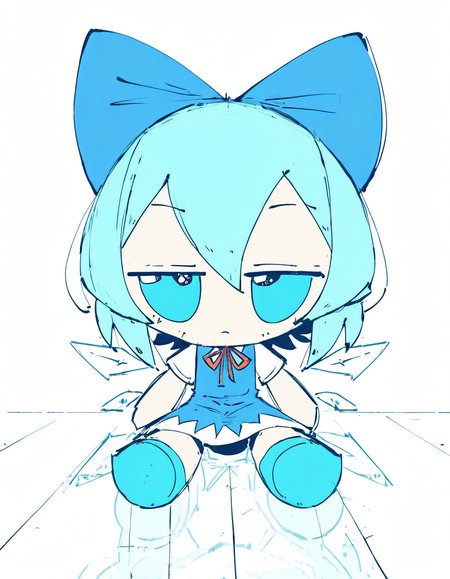 StyleBirdBlitz,(flat color), chibi,
1girl, solo, (fumo \(doll\)), sitting, jitome, cirno, straight-on, white background, floor reflection